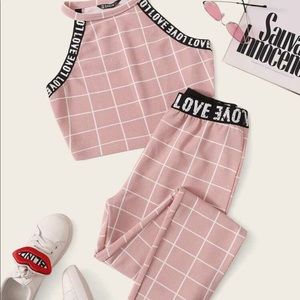 Letter Tape Grid Textured Halter Top & Legging set